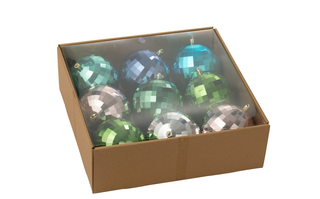 Doos met 9 kerstbal discos van plastic in verschillende kleuren.