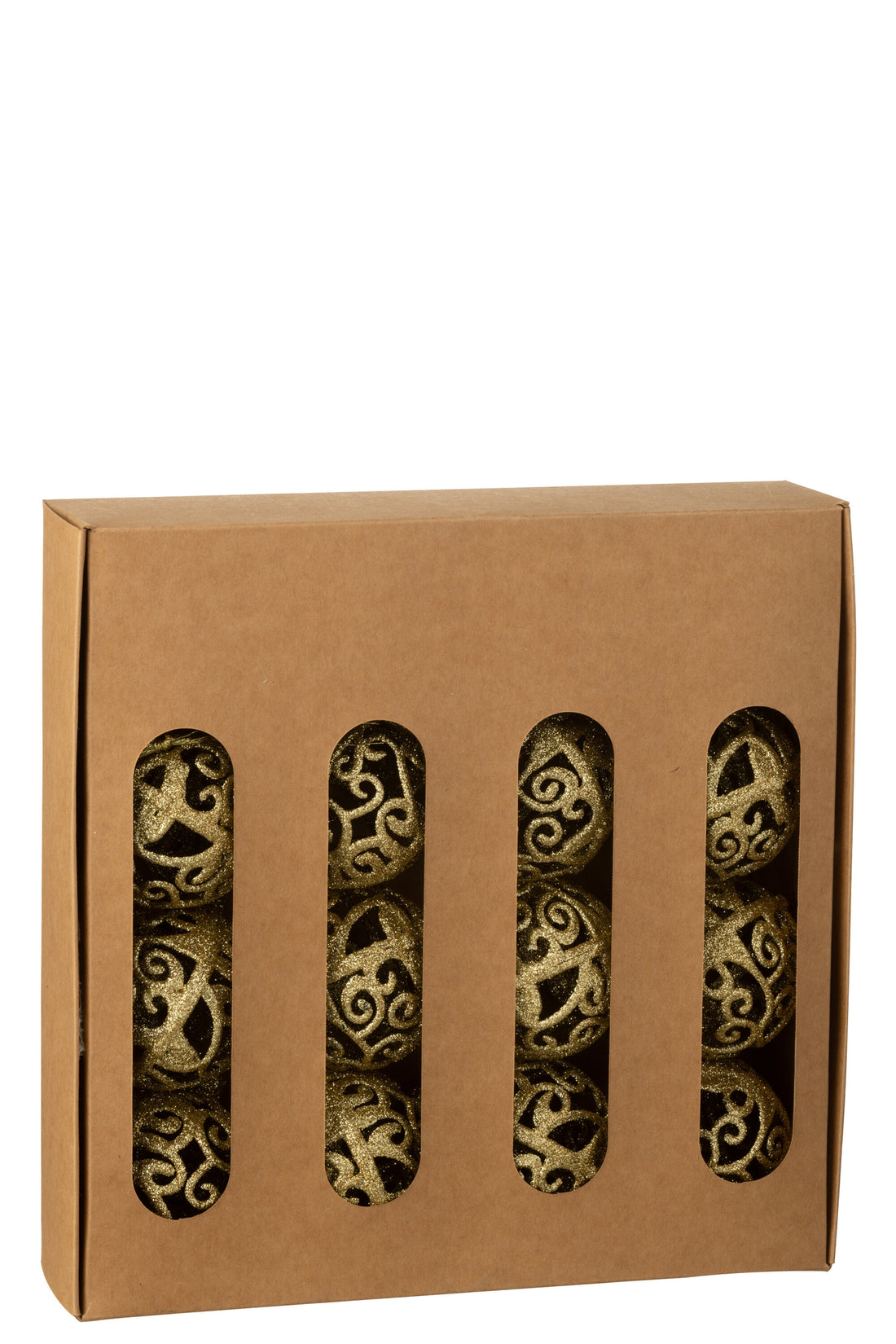 Doos met 16 kerstballen met barokpatroon van plastic in goudkleurige uitvoering.