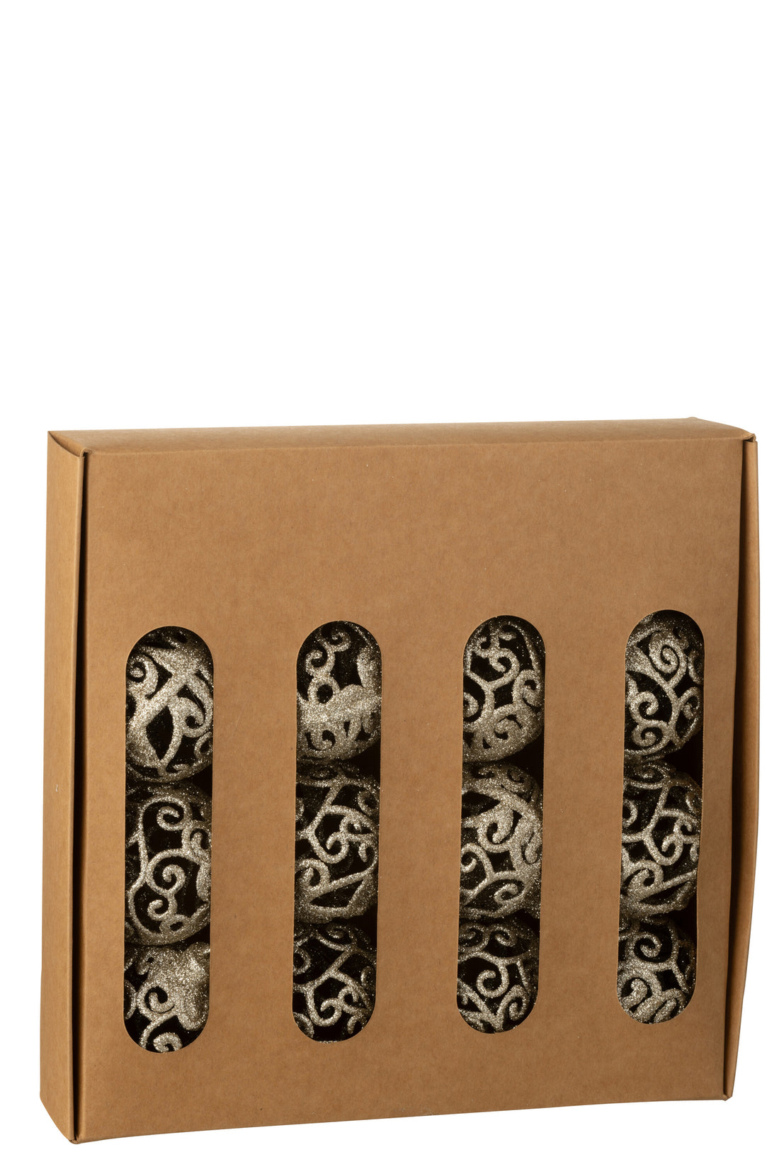 Doos met 16 kerstballen met barokpatroon van plastic in champagnekleur