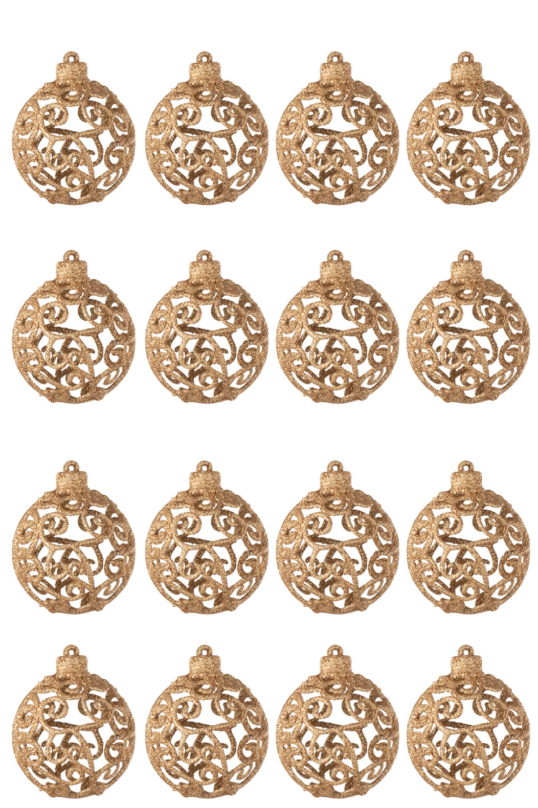 Doos met 16 kerstballen met barokpatroon van plastic in perzikkleur.