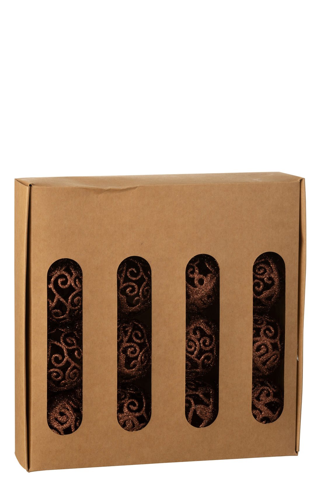 Doos met 16 kerstballen met barokpatroon van donkerbruin plastic.