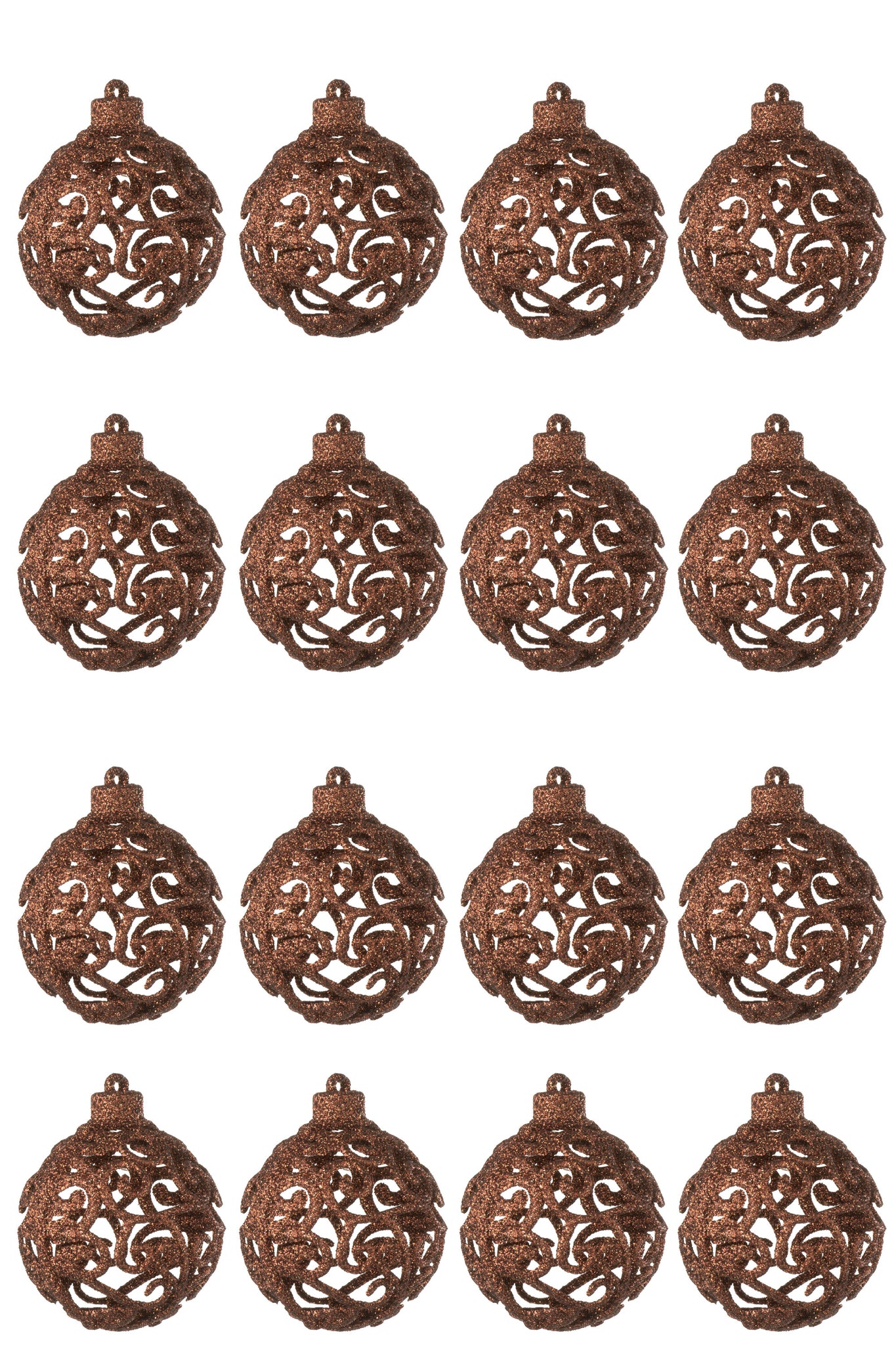 Doos met 16 kerstballen met barokpatroon van donkerbruin plastic.