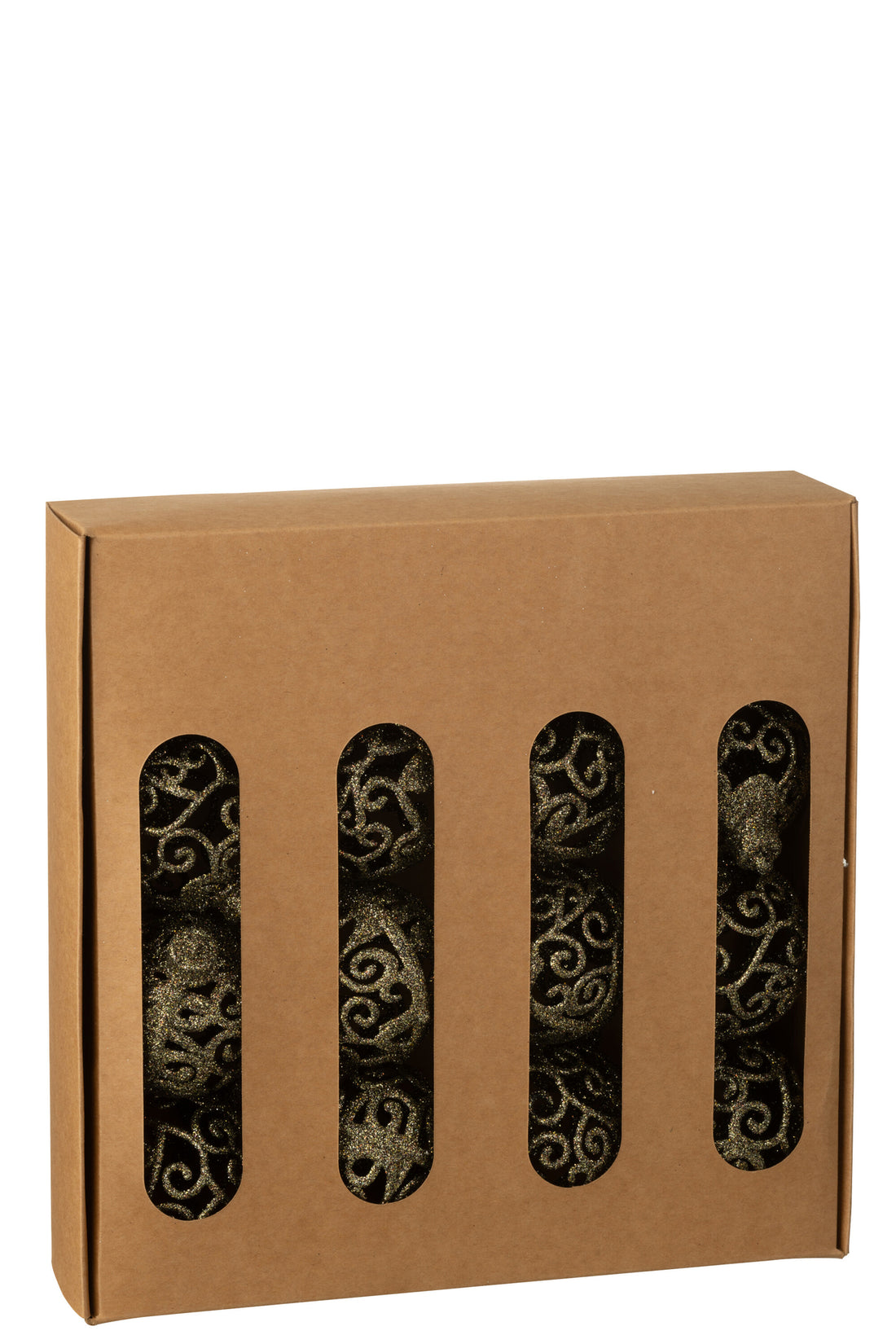 Doos met 16 kerstballen met barokpatroon van plastic in het bruin.