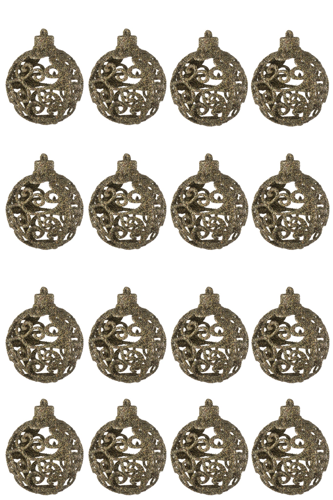 Doos met 16 kerstballen met barokpatroon van plastic in het bruin.