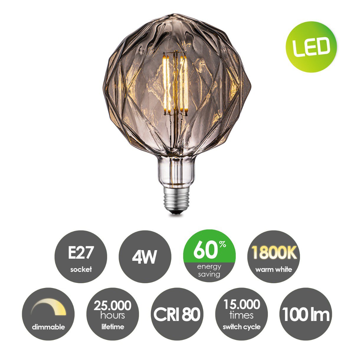 dimbare LED Globe Deco E27 G150 4W 100Lm 1800K Goud