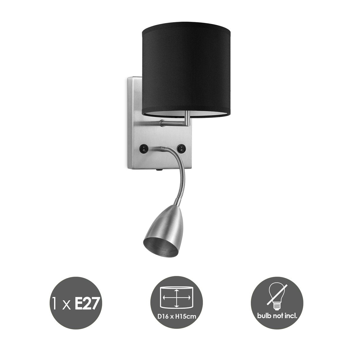 Wandlamp - Read, LED Leeslamp, E27, zwart 16cm