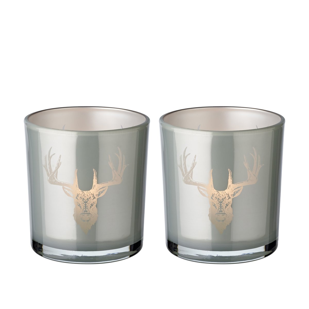Set van 2 theelichtglazen Eto (hoogte 8 cm, Ø 7 cm), grijs, lantaarn met hertenmotief