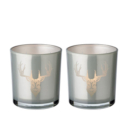 Set van 2 theelichtglazen Eto (hoogte 8 cm, Ø 7 cm), grijs, lantaarn met hertenmotief