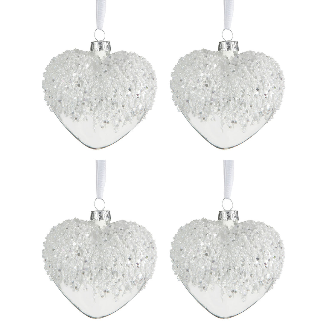 J-Line Box Of 4 Christmas Baubles Heart Pearls White Glass Transparent