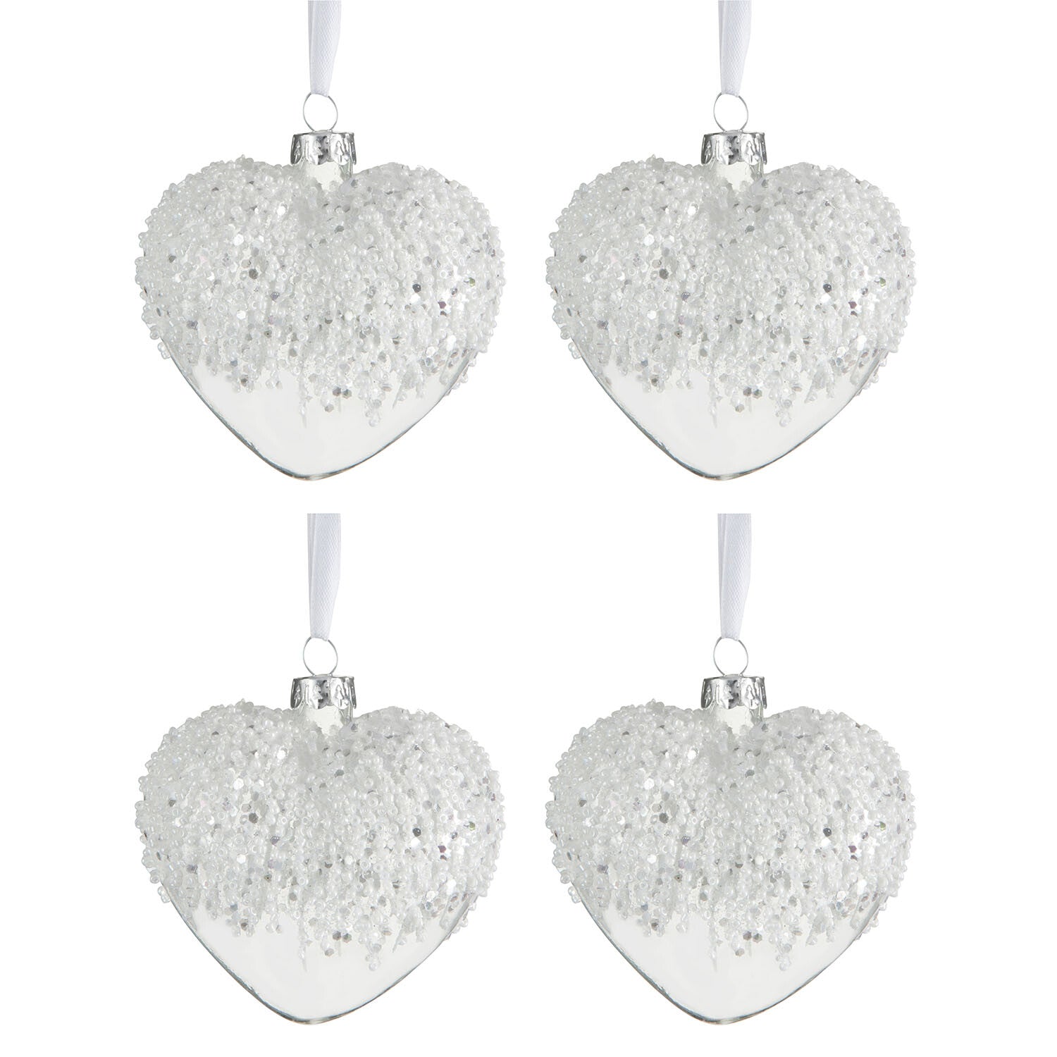 J-Line Box Of 4 Christmas Baubles Heart Pearls White Glass Transparent