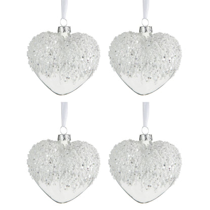 J-Line Box Of 4 Christmas Baubles Heart Pearls White Glass Transparent