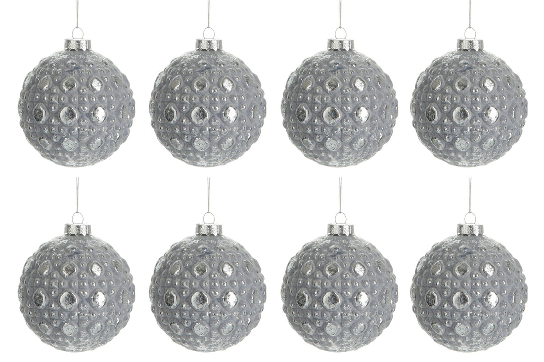 Doos van 8 kerstbal met rond patroon van antiek grijs glas klein 8 cm