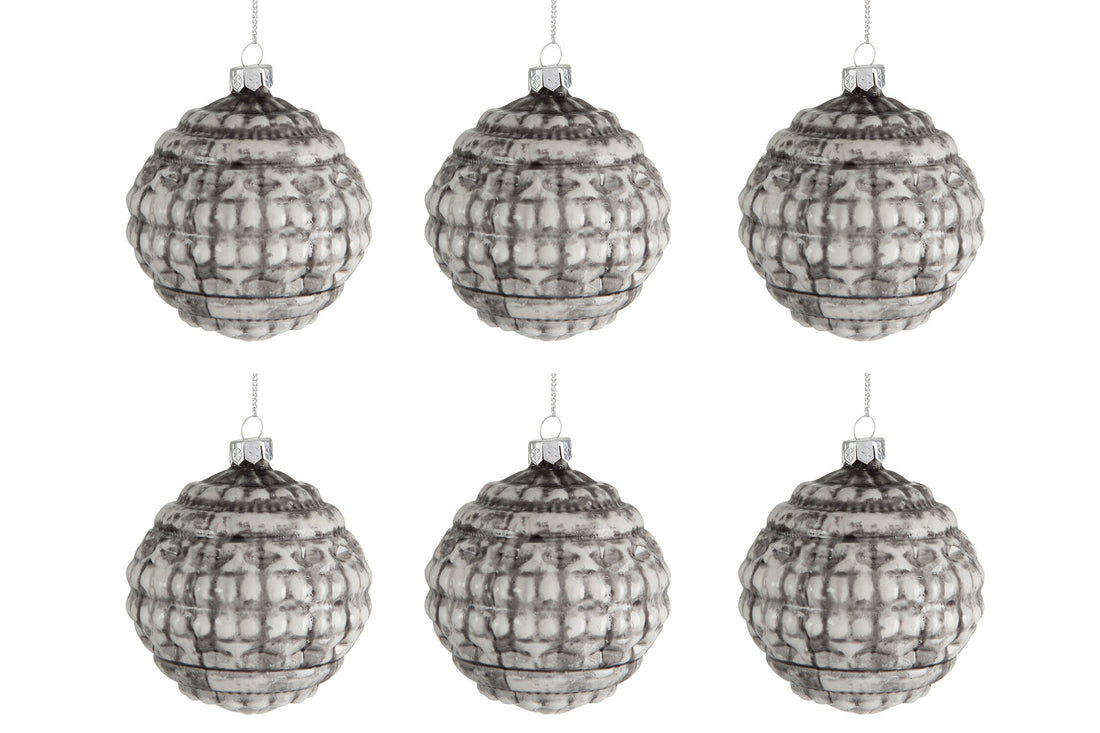 Doos van 6 kerstbal met ronde print glas groen/beige klein 8 cm