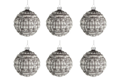 Doos van 6 kerstbal met ronde print glas groen/beige klein 8 cm