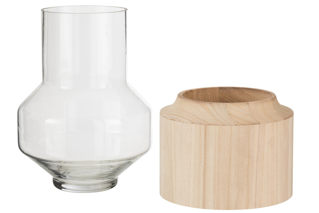 J-Line Vaas Rond Hoog Hout/Glas Lichtbruin Large - 30.50 cm hoog