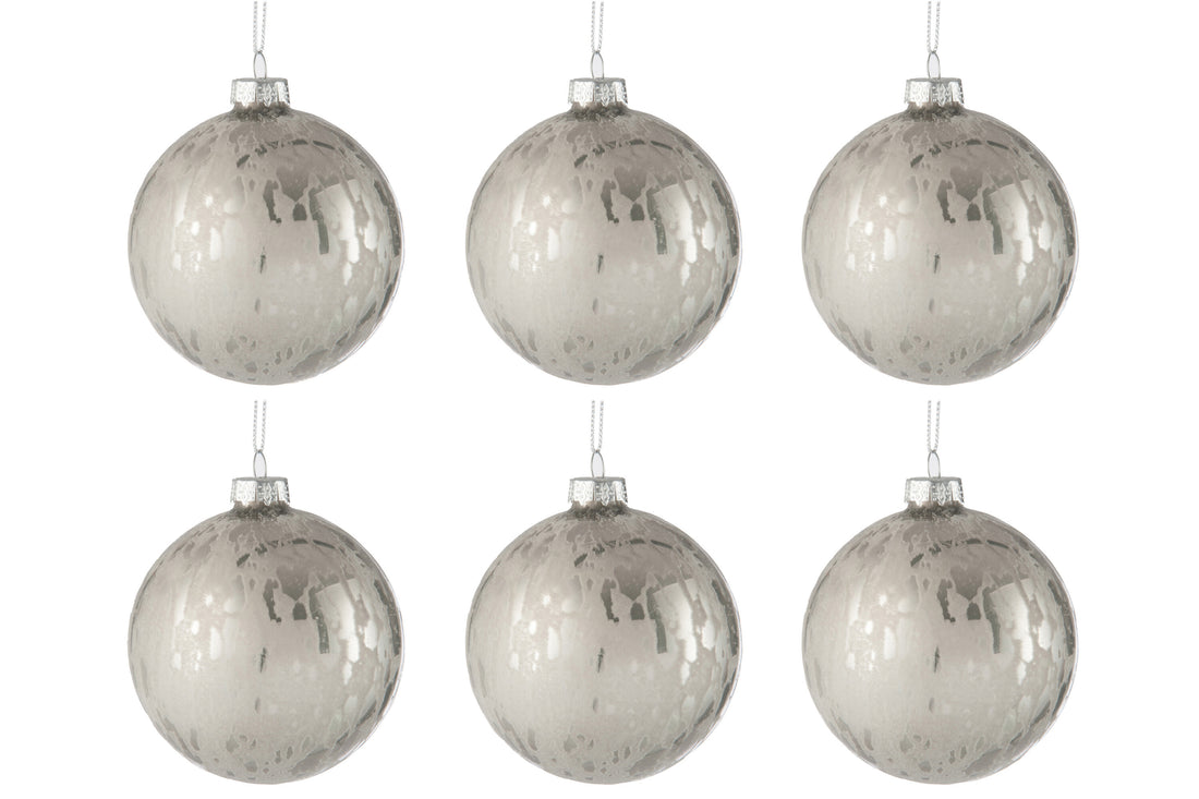 J-Line Doos met 6 kerstballen van glas, glanzend/mat antiek zilver klein