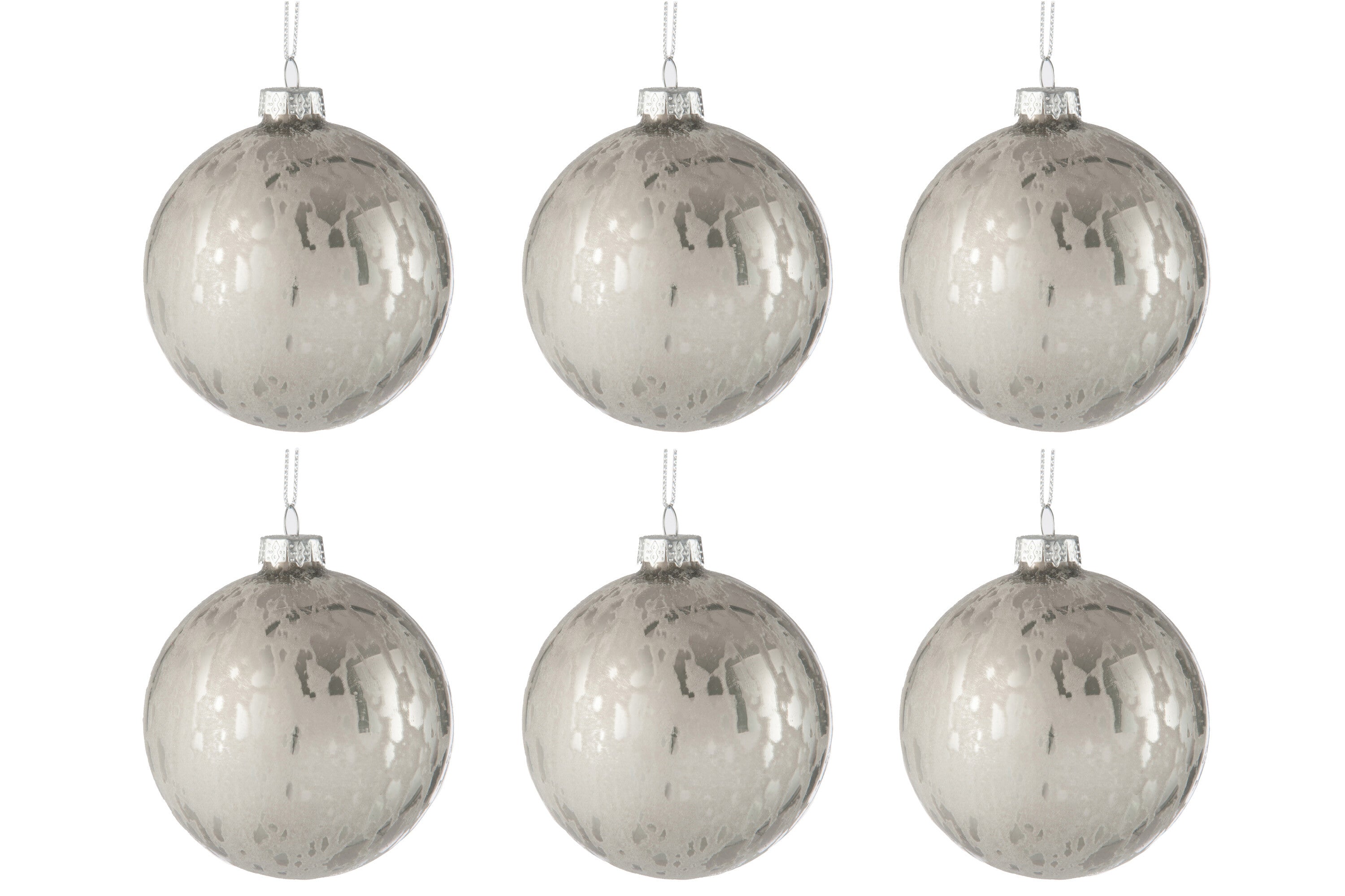 J-Line Doos met 6 kerstballen van glas, glanzend/mat antiek zilver klein