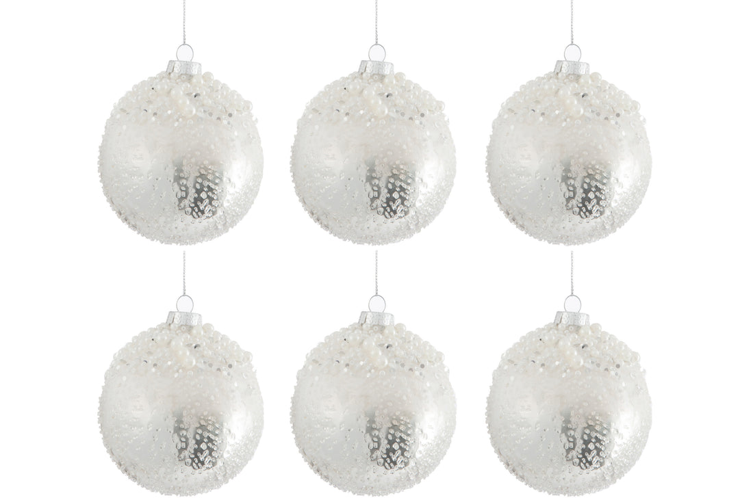 Doos met 6 kerstballen parelglas antiek zilver/wit klein