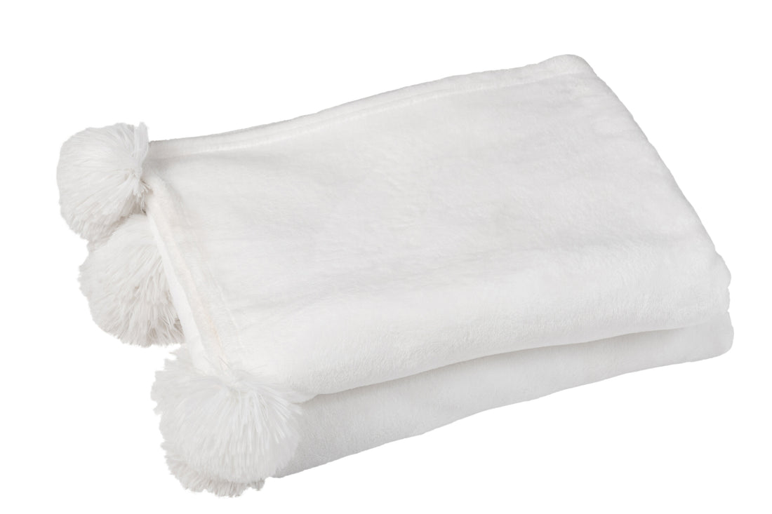 J-Line Plaid Pompon - polyester - wit - 170 x 130 cm