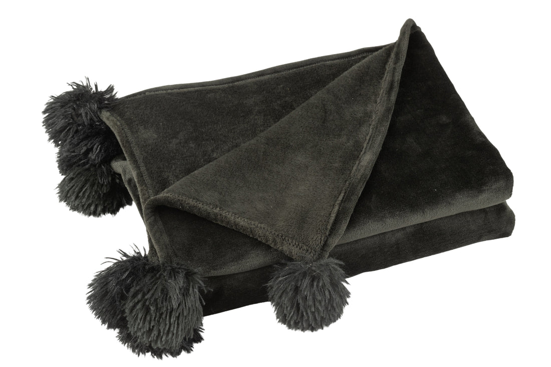 J-Line Plaid Pompom - polyester - zwart - 170 x 130 cm