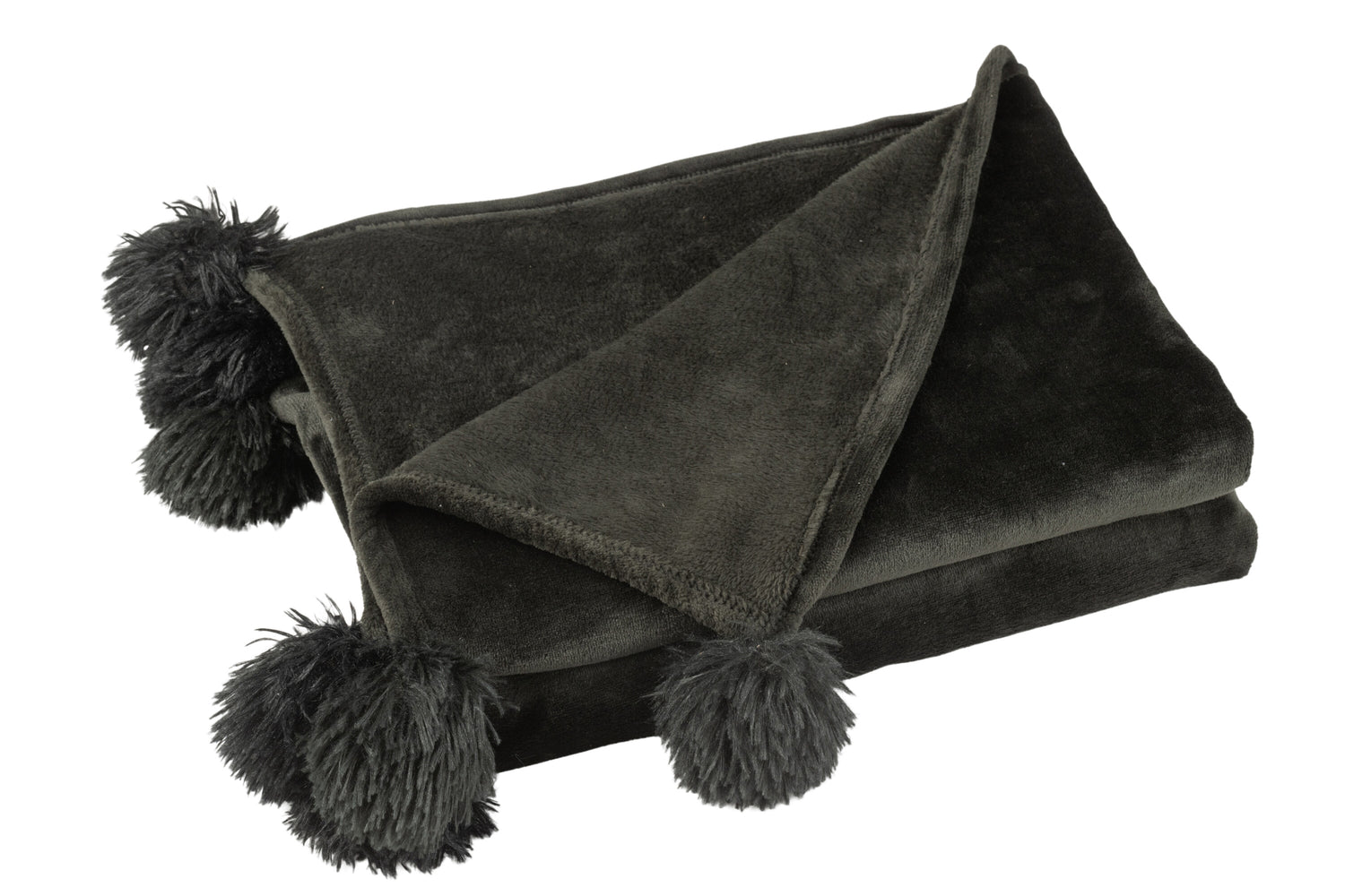 J-Line Plaid Pompom - polyester - zwart - 170 x 130 cm