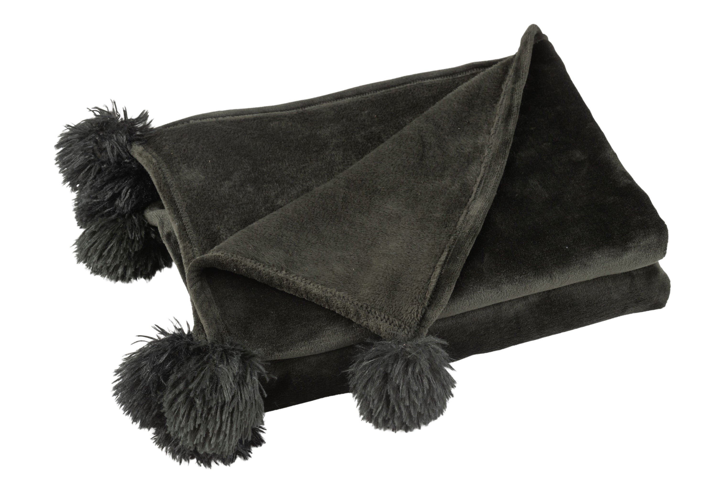 J-Line Plaid Pompom - polyester - zwart - 170 x 130 cm