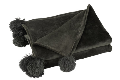 J-Line Plaid Pompom - polyester - zwart - 170 x 130 cm