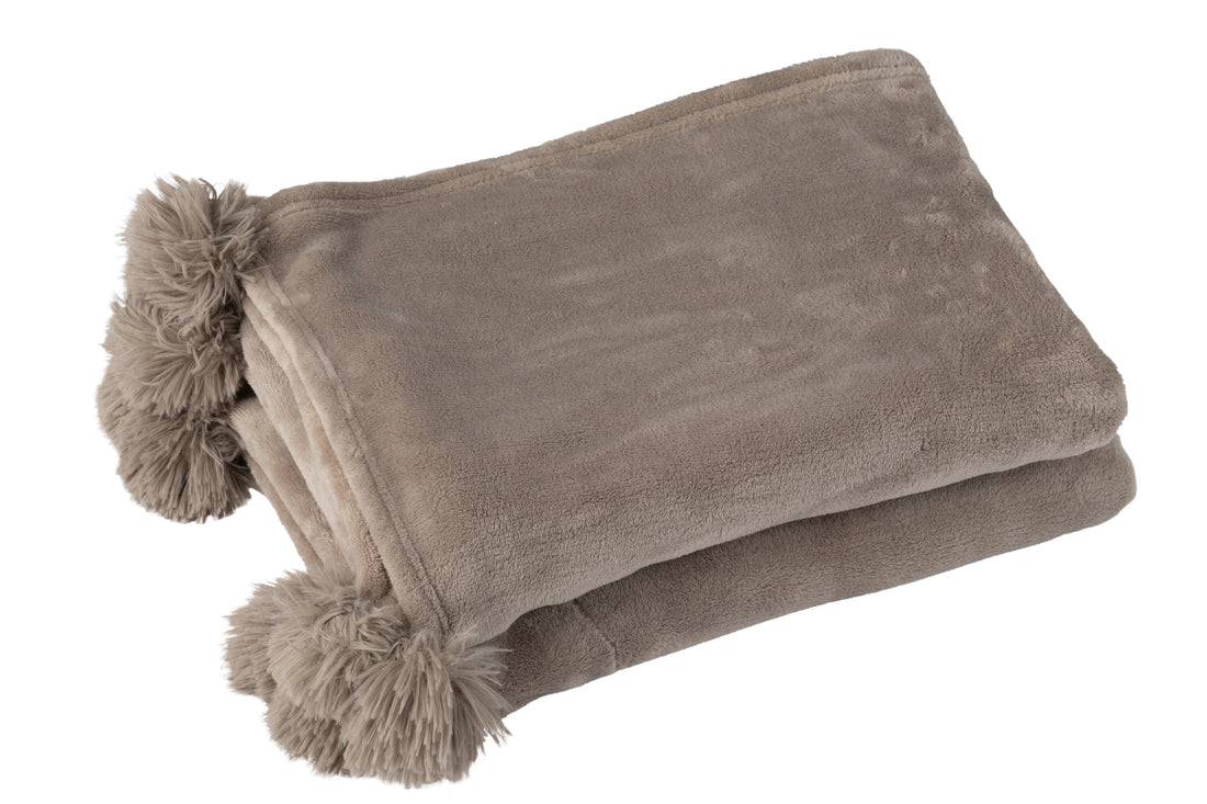 J-Line Plaid Pompon - polyester - taupe - 170 x 130 cm