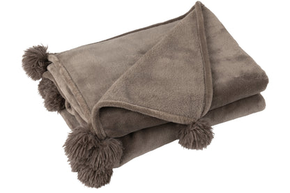 J-Line Plaid Pompon - polyester - donker taupe - 170 x 130 cm