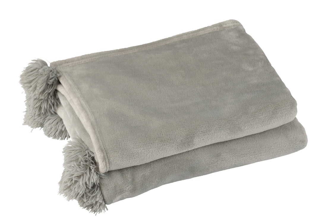 J-Line Plaid Pompom - polyester - grijs - 170 x 130 cm
