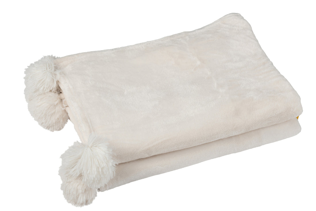 J-Line Plaid Pompon - polyester - crème - 170 x 130 cm