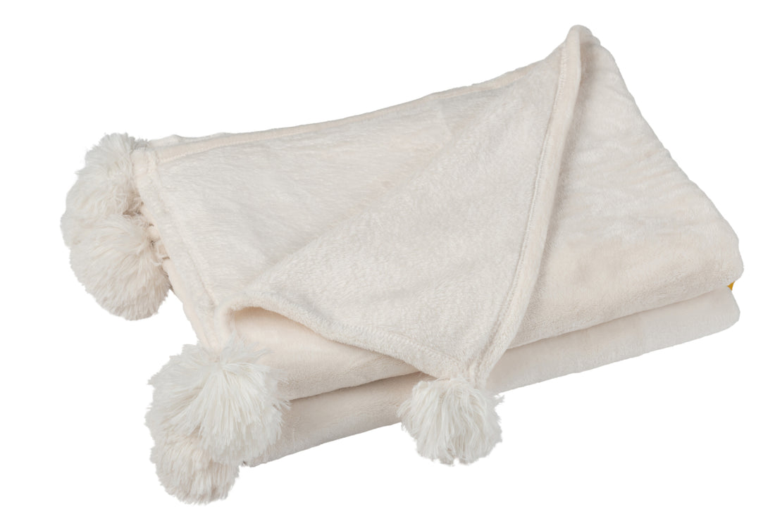 J-Line Plaid Pompon - polyester - crème - 170 x 130 cm