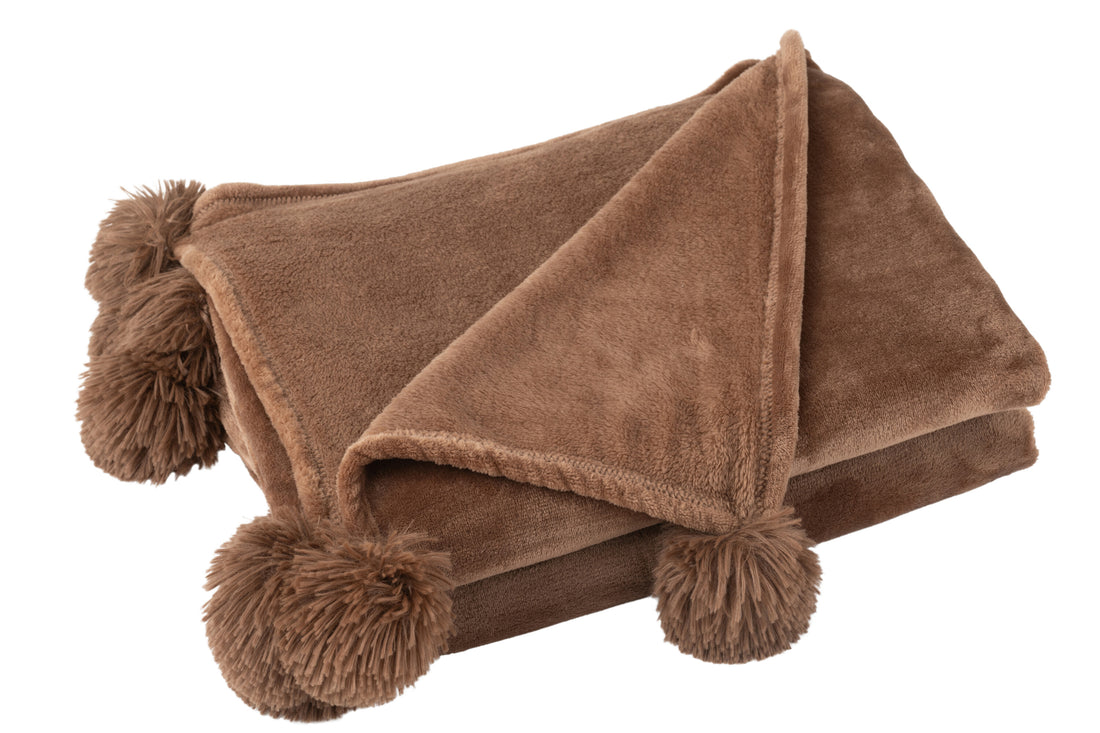 J-Line Plaid Pompon - polyester - bruin - 170 x 130 cm