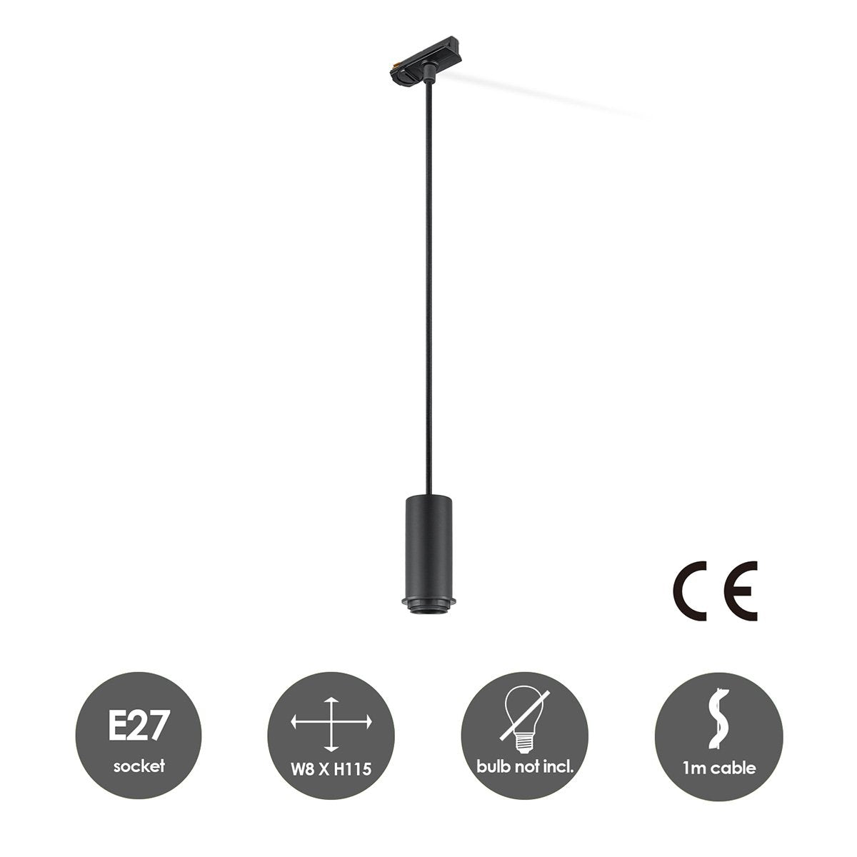 Railverlichting onderdeel adapter voor hanglamp | 8/8/115cm | Zwart