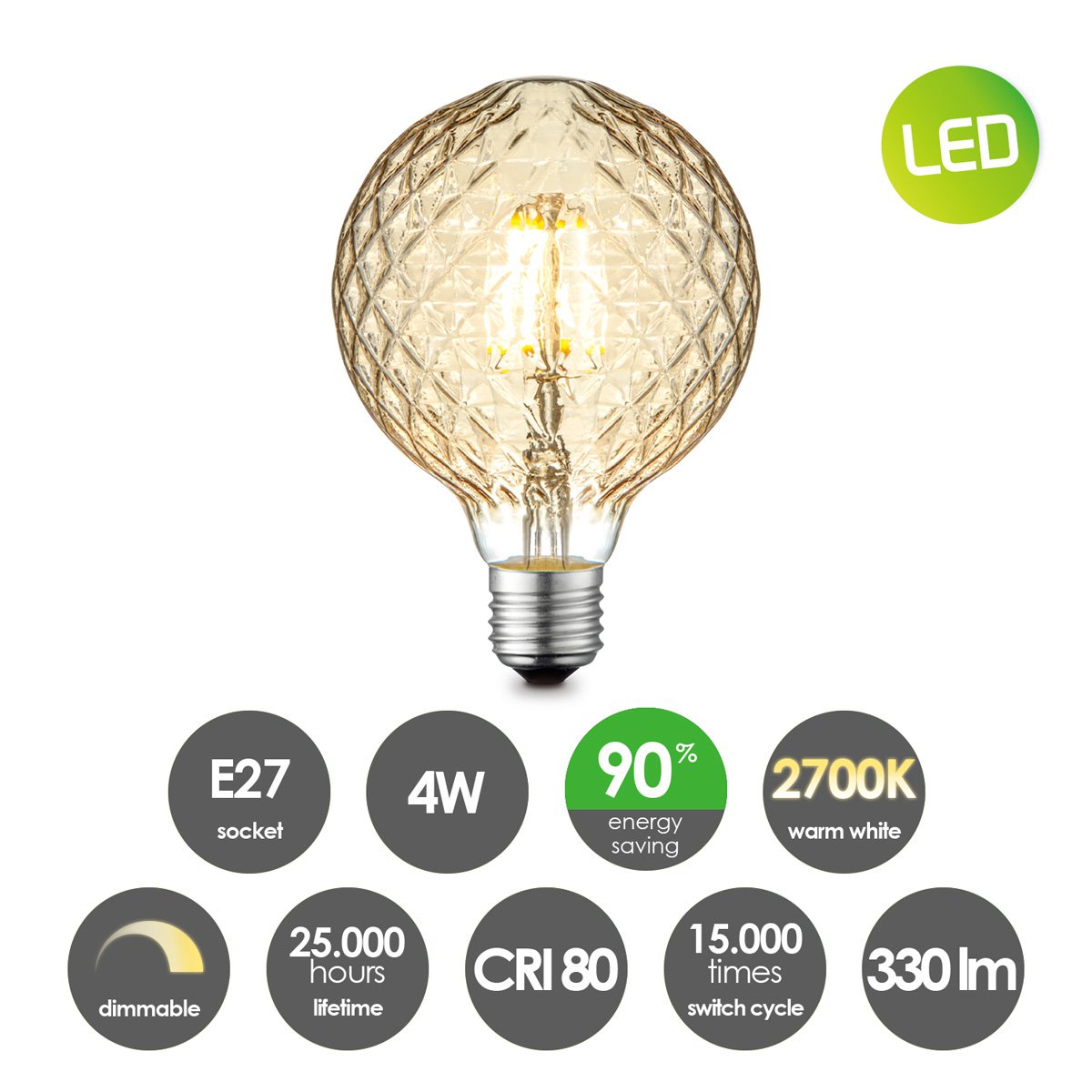 dimbare LED Globe Deco E27 G95 4W 400Lm 2700K Goud