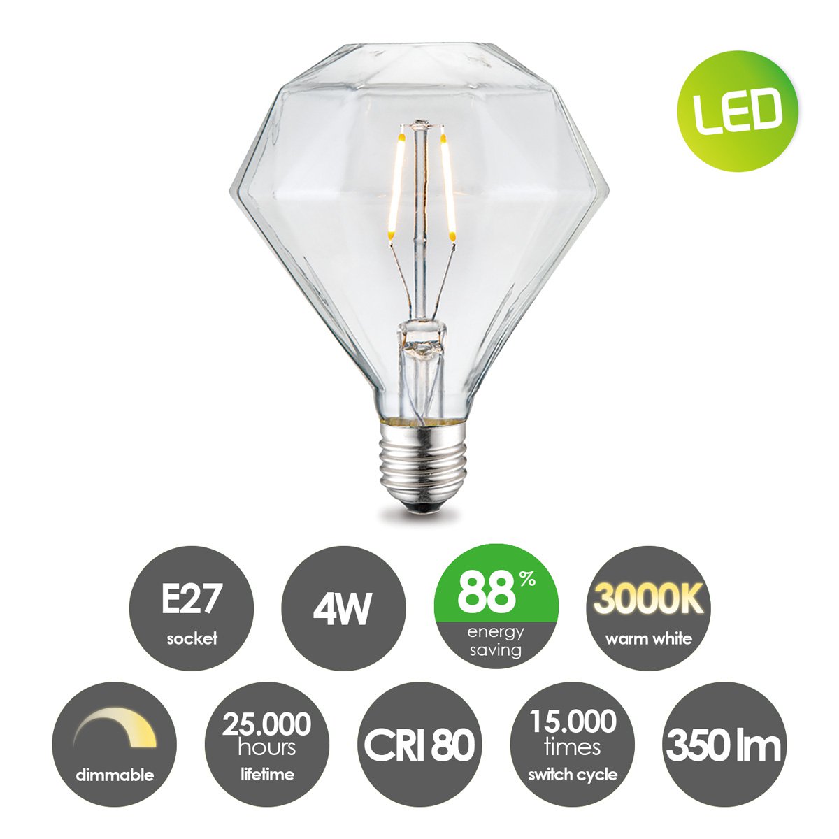 dimbare Led Diamond Deco E27 D95 4W 350Lm 3000K Helder