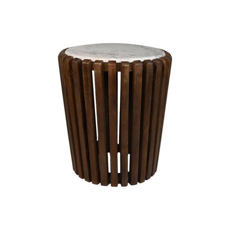 HSM Collection-Ronde Bijzettafel-ø45x50-Bruin/Wit-Mango/Marmer
