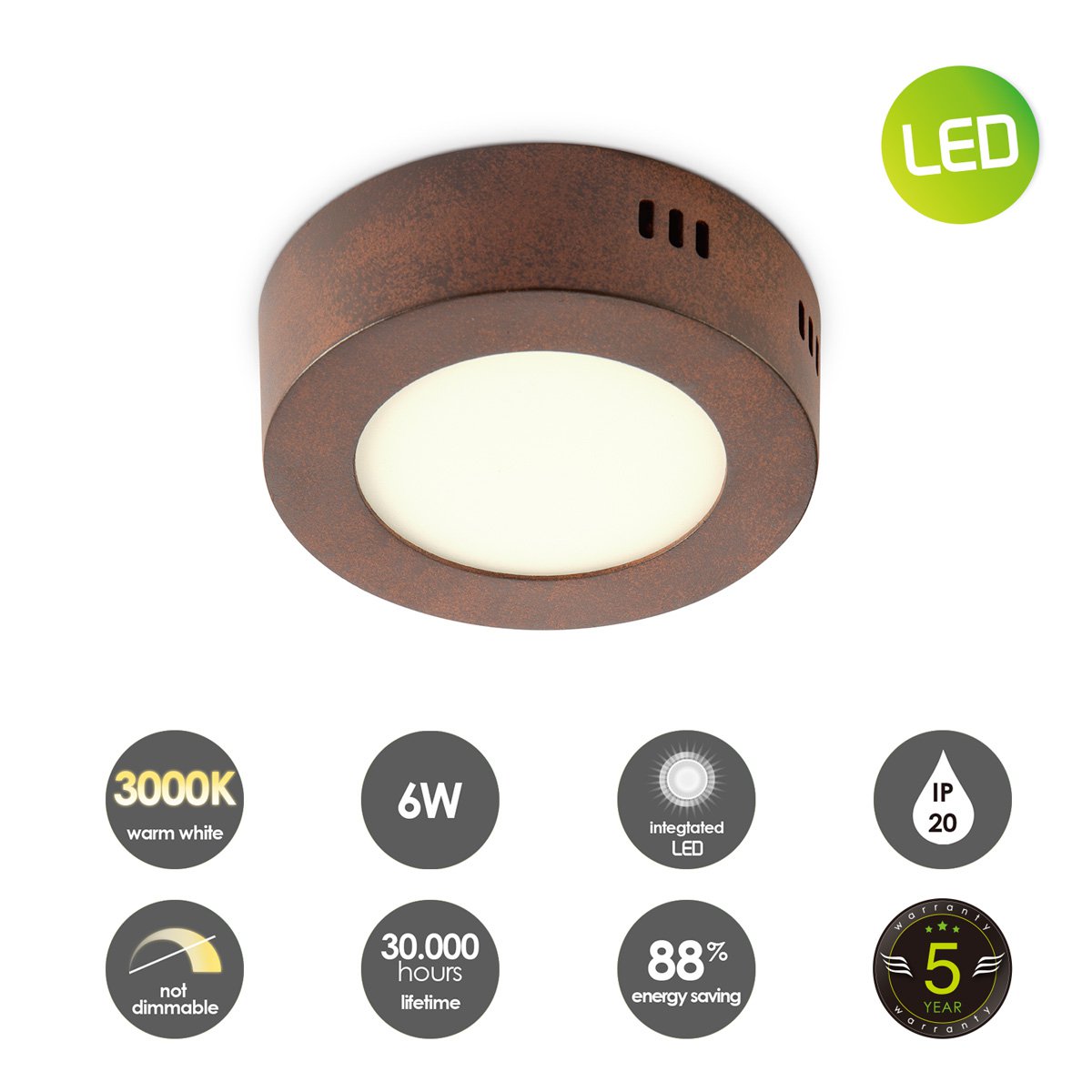 LED Plafondlamp Ska - Roest - Rond 12/12/3.6cm