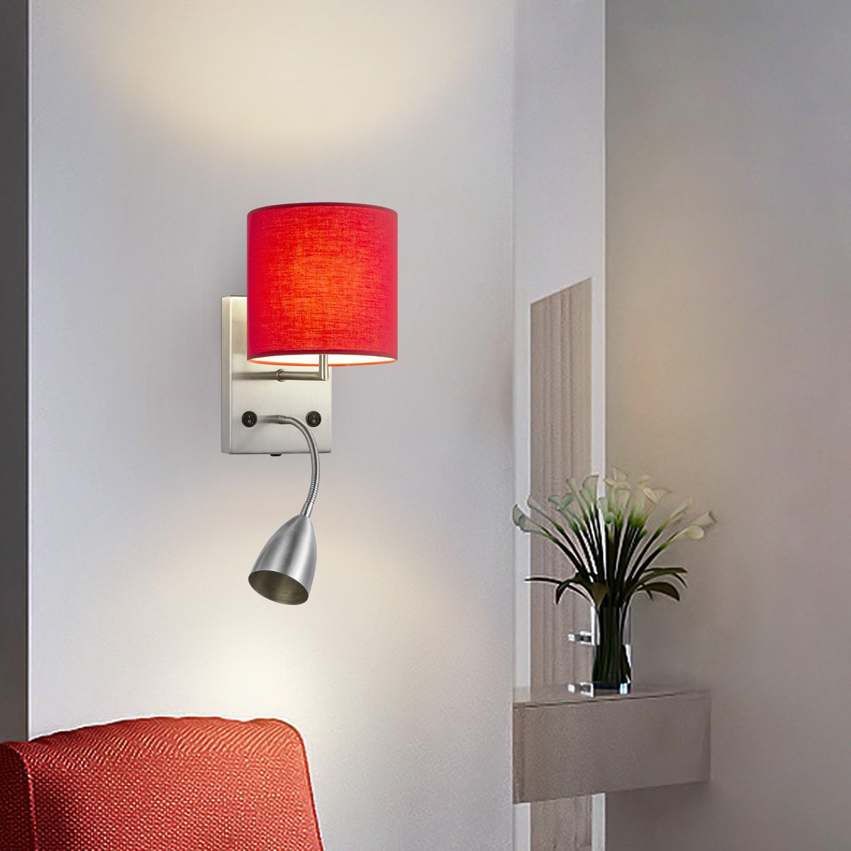 Wandlamp - Read, LED Leeslamp, E27, rood 16cm