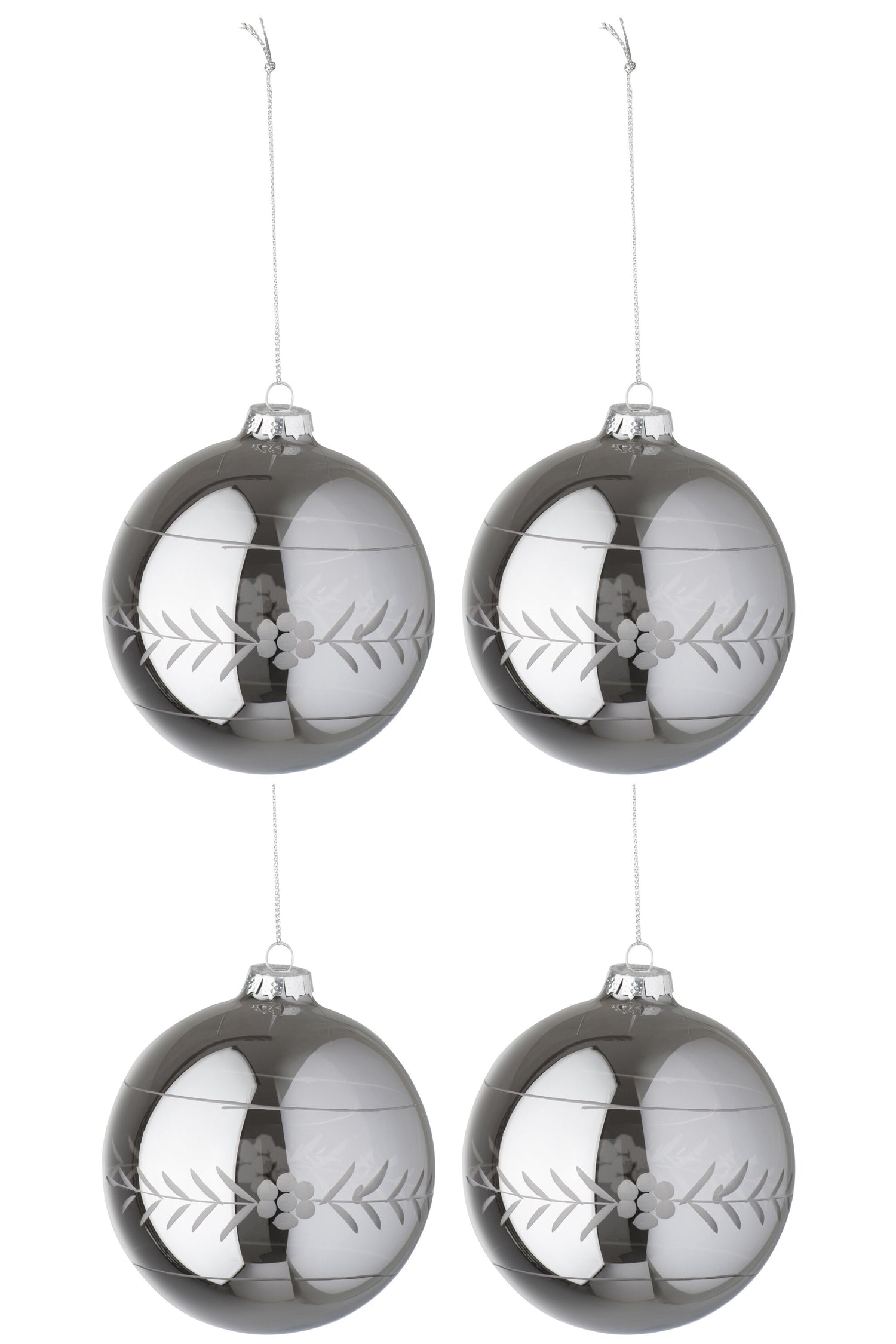 J-Line Doos met 4 kerstballen gesneden glas parelgrijs medium