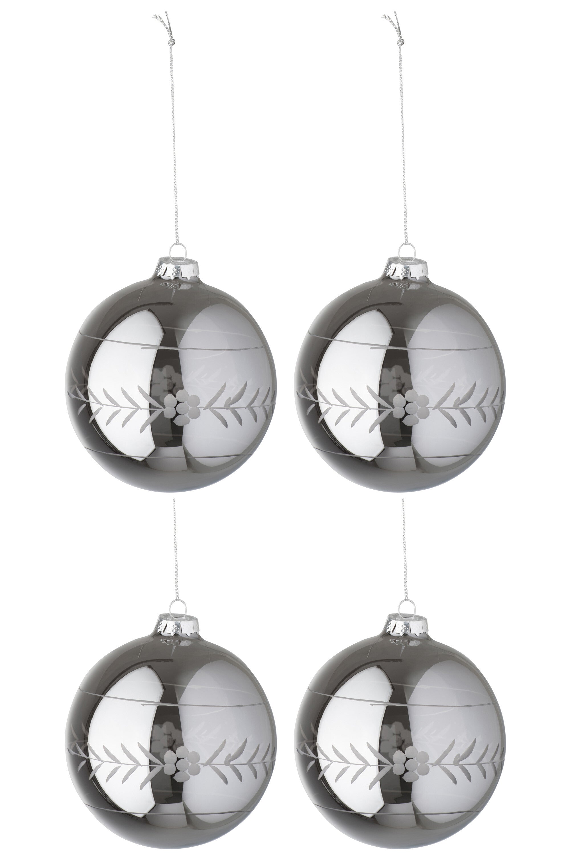 J-Line Doos met 4 kerstballen gesneden glas parelgrijs medium