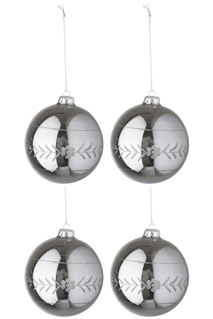 J-Line Doos met 4 kerstballen gesneden glas parelgrijs medium