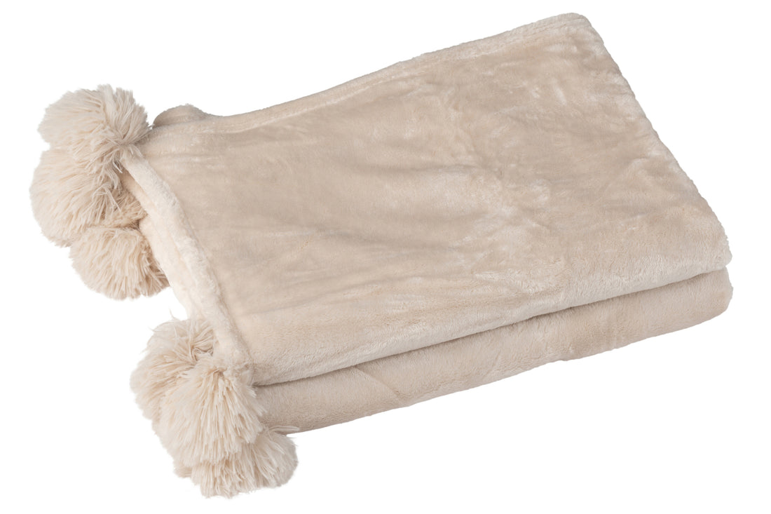 J-Line Plaid Pompom - polyester - licht beige - 170 x 130 cm