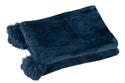 J-Line Plaid Pompom - polyester - blauw - 170 x 130 cm