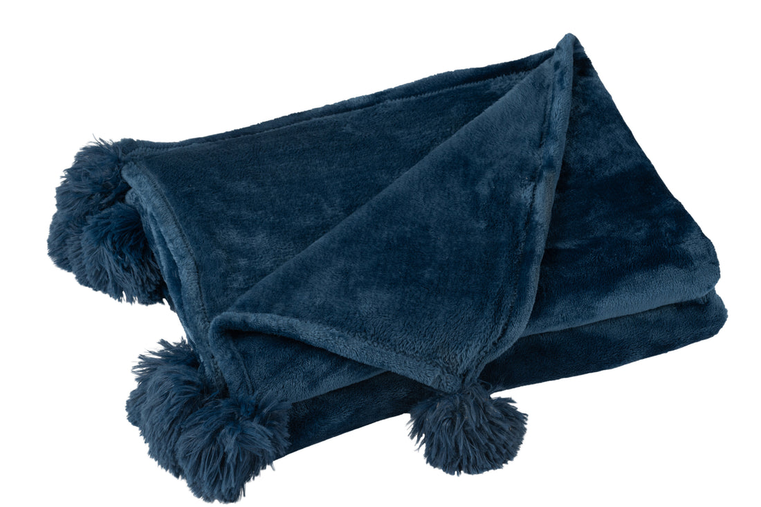 J-Line Plaid Pompom - polyester - blauw - 170 x 130 cm