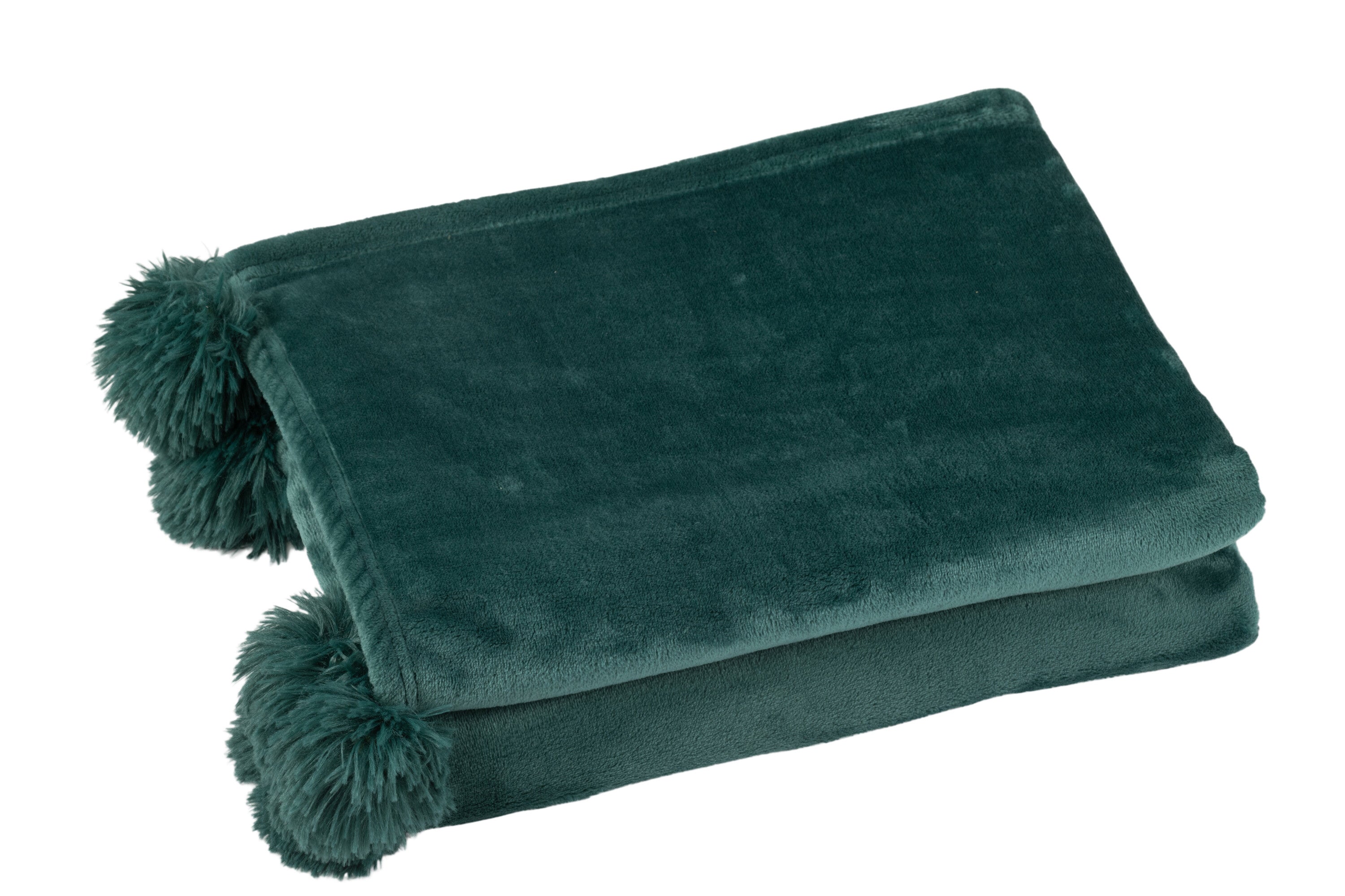 J-Line Plaid Pompom - polyester - donkergroen - 170 x 130 cm