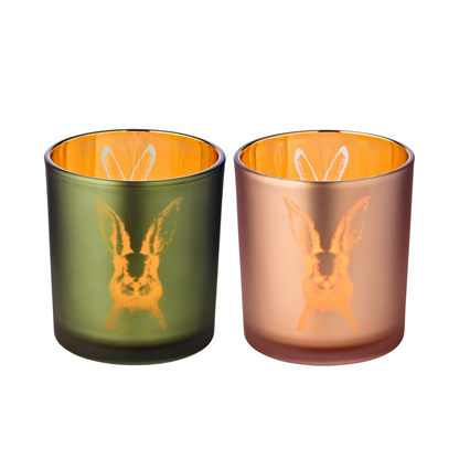 Set van 2 glazen theelichtjes konijn, groen/roze, konijn design, hoogte 8 cm, ø 7 cm
