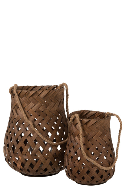 Lantaarn Geweven Ronde Bamboe/Glas Donkerbruin Groot