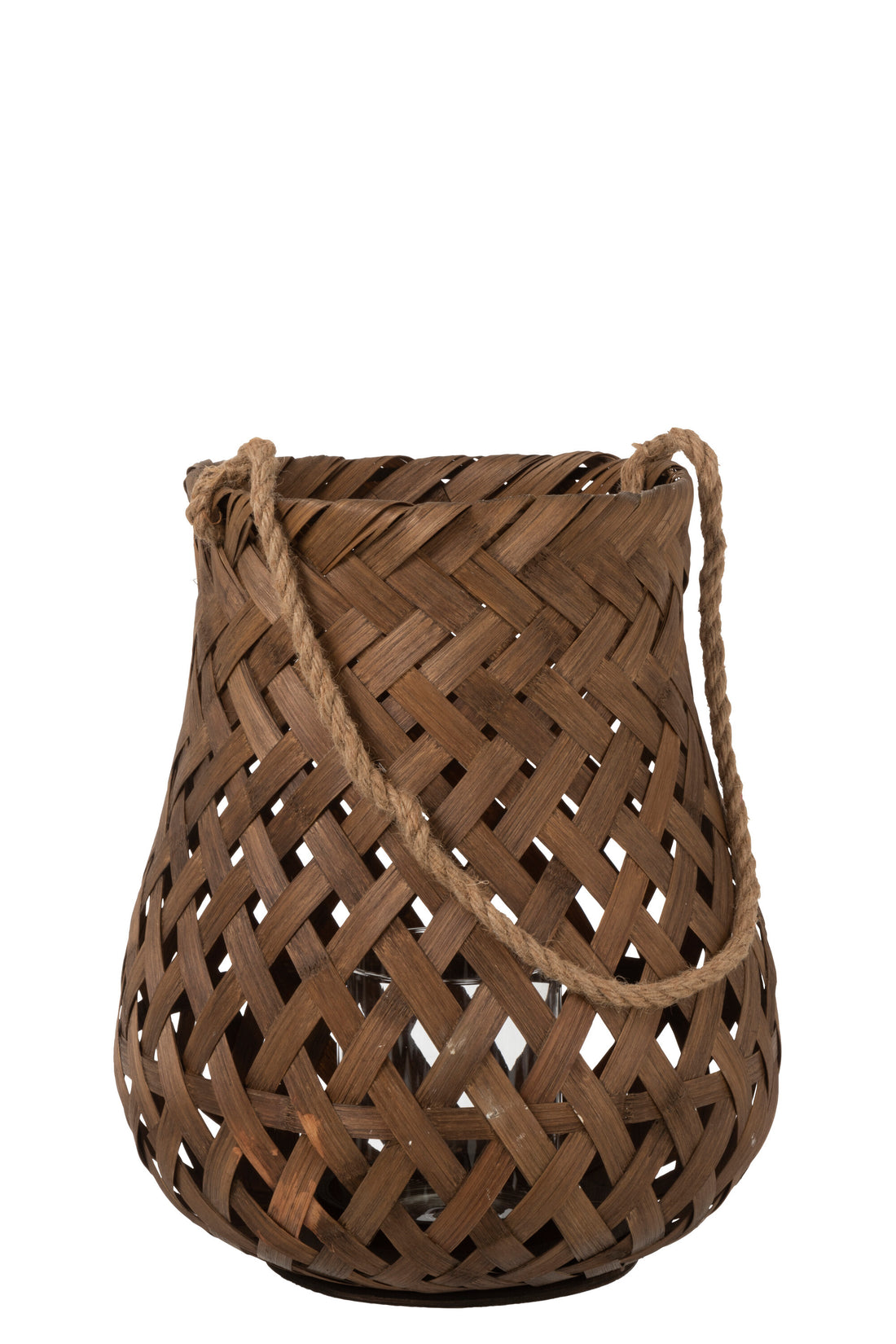 Lantaarn Geweven Ronde Bamboe/Glas Donkerbruin Groot