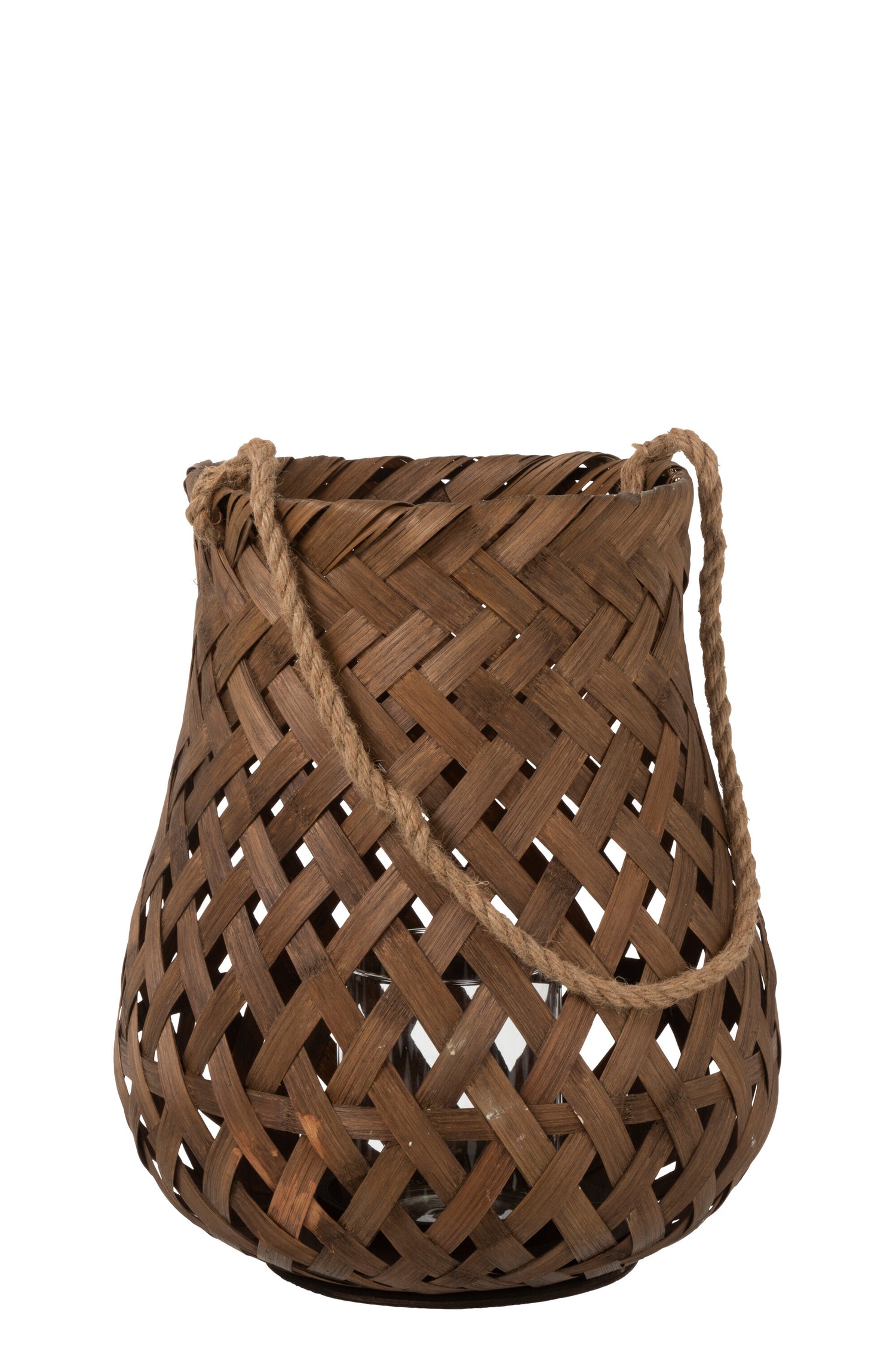 Lantaarn Geweven Ronde Bamboe/Glas Donkerbruin Groot